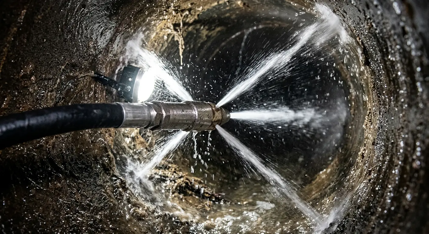 High-pressure hydro jetting nozzle cleaning sewer pipe for Trenchless Sewer Repair in Quartz Hill